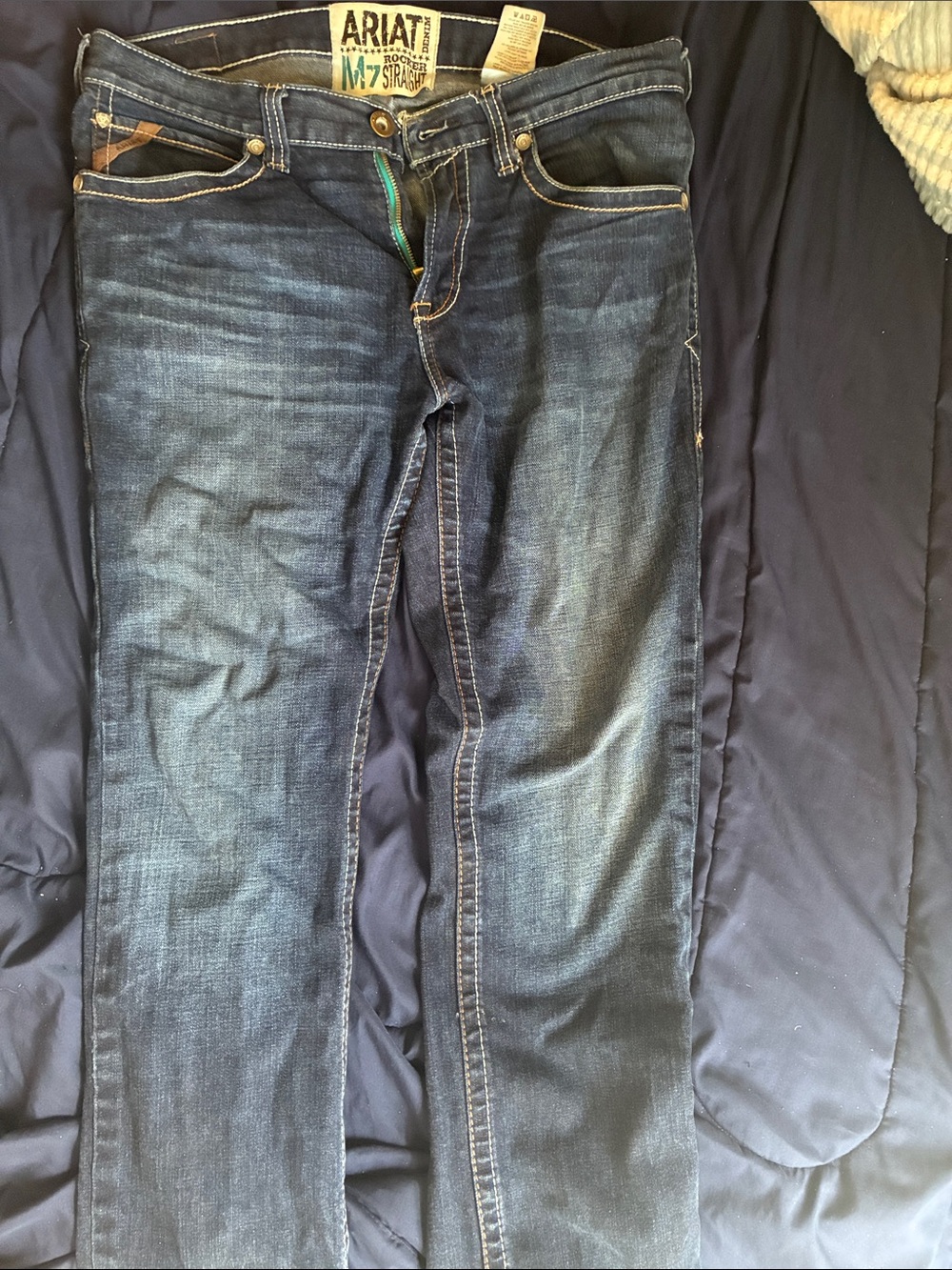 Ariat Indigo Straight Leg Jeans with Tan Stitching rocker